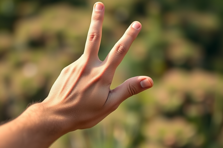 Create a high-resolution image of a hand making a gun shape with fingers, using a DSLR camera at f/2.8, ISO 100, 1/500 sec shutter speed, with a close-up view and natural lighting to enhance detail and clarity.