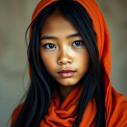 Create a portrait of a young Pacific Islander female with long, dark hair and captivating hazel eyes. She is wearing a orange headscarf and a matching scarf draped gracefully around her neck. The background is softly blurred, focusing attention on her serene and natural expression. The overall color palette is muted and warm, enhancing the intimate and authentic feel of the portrait.