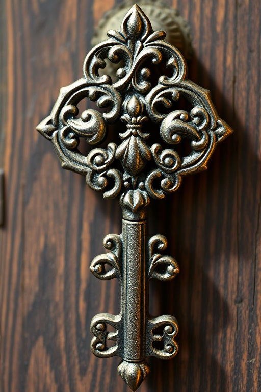 Create an image of an ornate key with intricate designs, captured in high resolution with a DSLR camera, using a focal length of 50mm, aperture set to f/2.8 for a shallow depth of field, and natural light to enhance the details and textures.