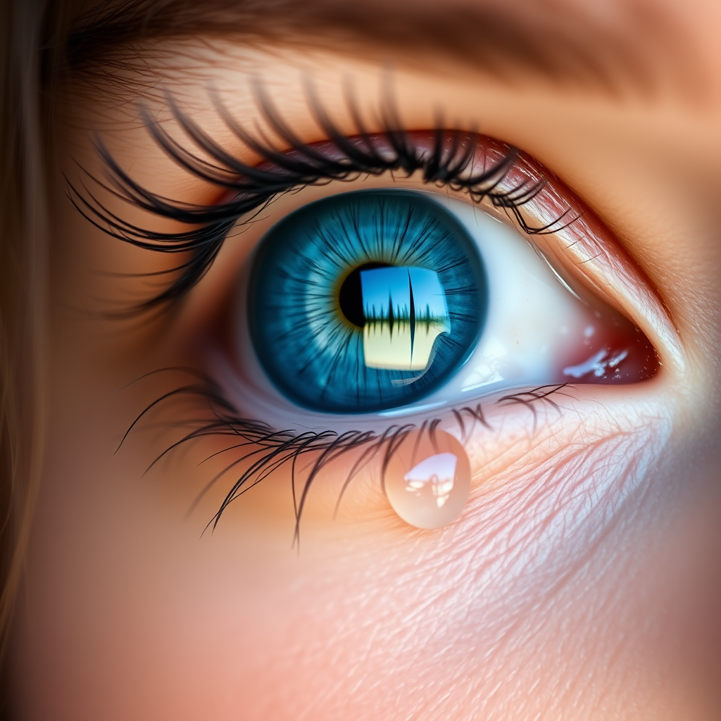 highly detailed close-up portrait of a woman's eye with vibrant blue iris and a tear, soft natural lighting, aperture f/1.8, ISO 100, 50mm lens, macro photography style, DSLR camera