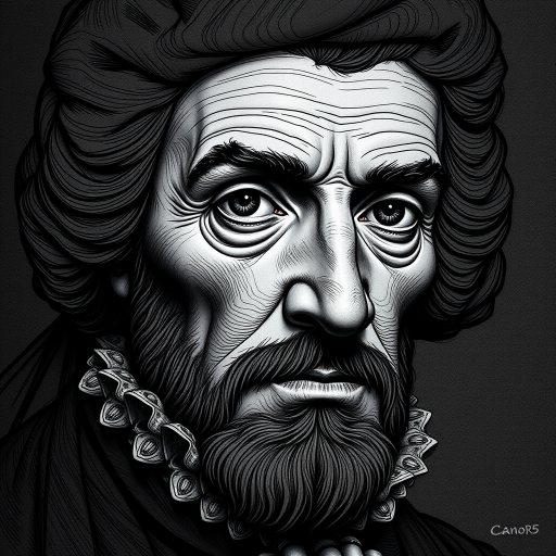 Create a highly detailed portrait of a historical figure with intricate line work and shading, using a Canon EOS R5 camera, 85mm lens, aperture f/1.2, ISO 100, soft diffused lighting, and a slight vignette effect to enhance contrast and depth.