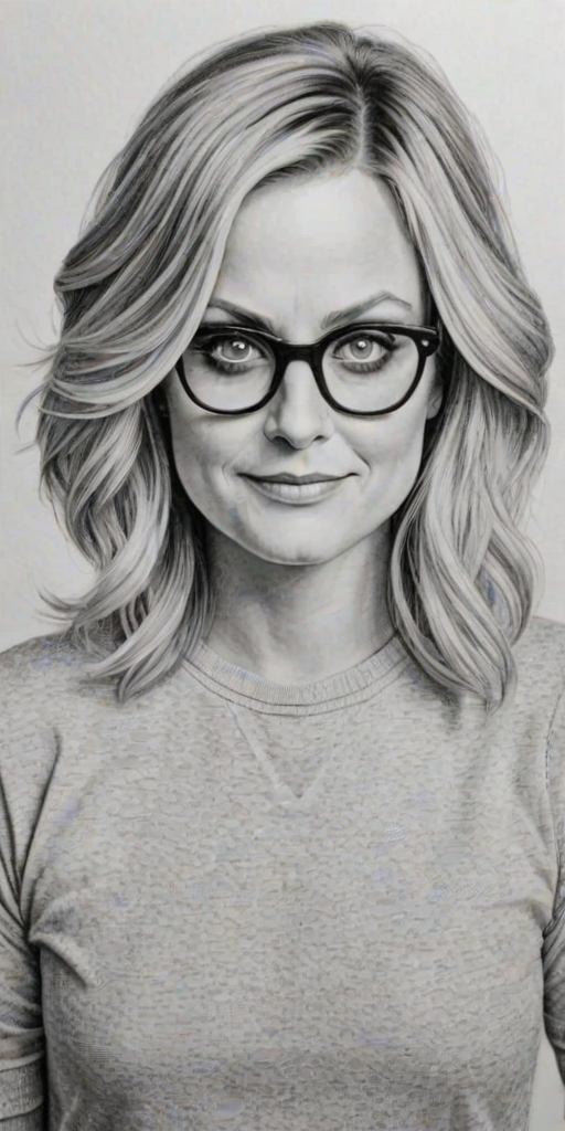 Dazzling Amy Poehler, pencil sketch, portrait of Wonderful woman 1974s in glasses, hair style beatnik, outline, clear lines, fine lines, 8k