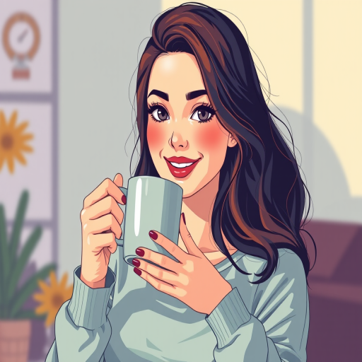 Create a high-quality illustration of a woman holding a coffee mug, medium shot, vibrant colors, soft shadows, using a digital art style with vector graphics, and simulating a digital camera with a focal length of 35mm and an aperture of f/4.0 for depth of field.