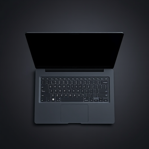 create a high-resolution digital illustration of a sleek black laptop with a glossy screen, top-down view, using a Canon EOS 5D Mark IV with a 50mm lens, aperture f/2.8, ISO 100, and soft studio lighting for enhanced clarity and detail