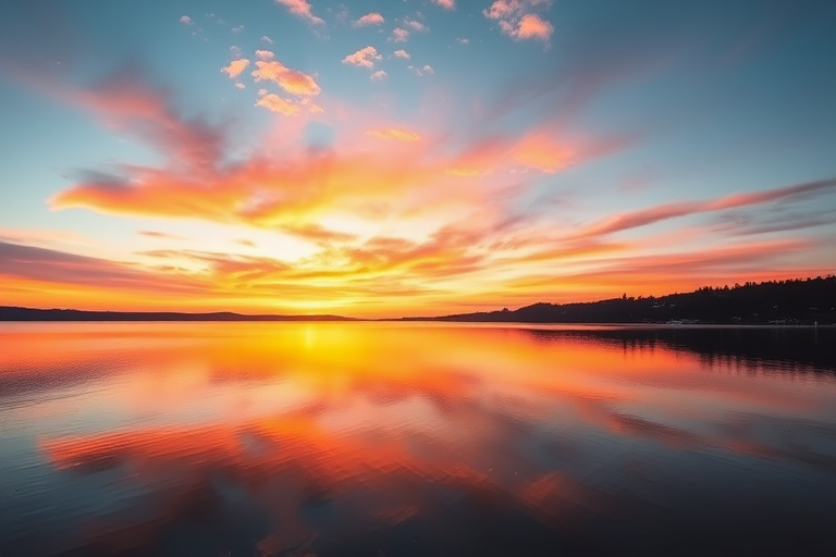 Create a high-resolution image of a serene landscape with a sunset over a calm lake, using a DSLR camera, 50mm lens, aperture set to f/1.8, ISO 100, and a wide-angle view to capture the colorful sky and reflections in the water.