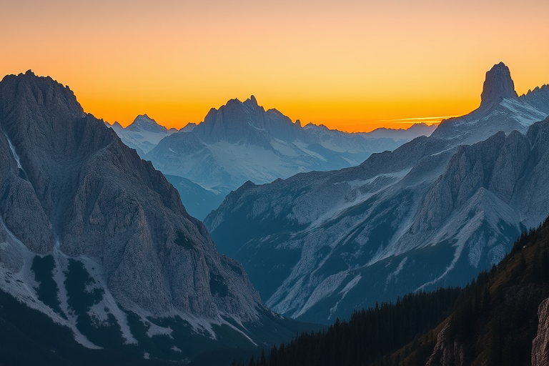 Wide-angle shot of majestic mountain peaks in the Dolomites during golden hour, f/8 aperture, ISO 100, shutter speed 1/125s, landscape orientation, DSLR camera, vivid colors, high dynamic range.