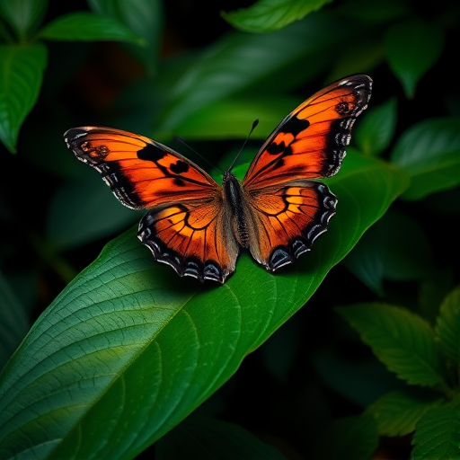 Generate an image of a butterfly resting on a green leaf in a dark, lush environment. The butterfly should have vibrant orange and black patterns, surrounded by rich green foliage that enhances the contrast and creates a serene, natural atmosphere.