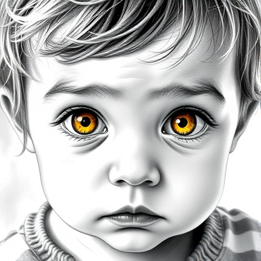A hyperdetailed photorealistic black and white sketch of a beautiful toddler with deep Yellow eyes, with a macro focus