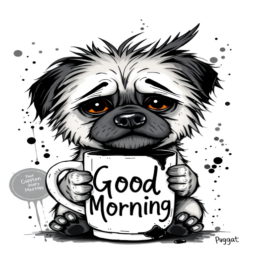 A quirky, artistic illustration of a disheveled puggat dog breed with exaggerated, large eyes and spiky fur, holding a coffee mug that reads "Good Morning". The dog has a tired but humorous expression, with ink splatters and abstract details surrounding it, giving a whimsical feel to the image. The color palette is mostly monochrome with hints of black in the eyes and steam rising from the mug, enhancing the overall sleepy vibe