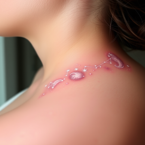 Ethereal white ink tattoo titled "Celestial Whisper" depicting a constellation of delicate stars and swirling nebulae, barely visible against the skin, creating a subtle and dreamy effect that appears to shimmer and change with movement and light