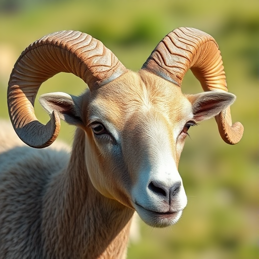 Capture a close-up shot of a ram with prominent curled horns in natural light, using a DSLR camera with a 50mm lens, aperture set to f/2.8 for a shallow depth of field, ISO 200 for optimal quality, and a focal length of 50mm for detailed focus on the ram's features.