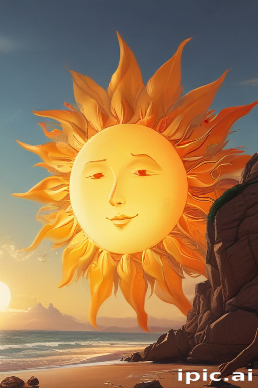 Radiant Cartoon Sun Smiling Brightly Over Serene Ocean Beach Scene