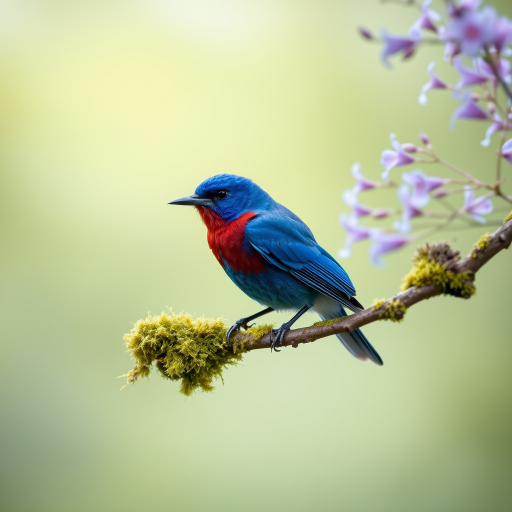 A vibrant blue bird perched on a moss-covered branch with delicate purple flowers in the background, shallow depth of field, soft natural lighting, camera settings: f/2.8, ISO 100, 1/200s, shot with a DSLR camera, 85mm lens with macro focus.