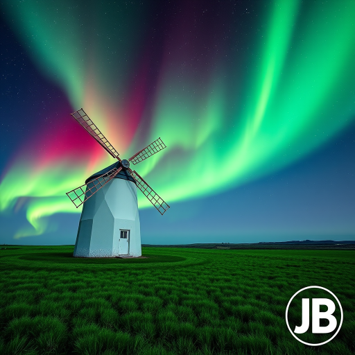 An ultra-realistic and highly detailed 4d, uhd photograph capturing a white windmill with wooden blades located in a green field. The night sky in the background is illuminated by an aurora borealis, which displays vibrant colors of green and red, blending together in a magical way and spreading across the firmament dotted with stars. The aurora borealis creates an impressive and dazzling visual effect, standing out against the dark sky. In the bottom right-hand corner of the image is a logo with the letters 'JB' and the word 'Photography'. The composition of the image combines the traditional element of the windmill with the extraordinary natural phenomenon of the Northern Lights, creating a unique and breathtaking scene.