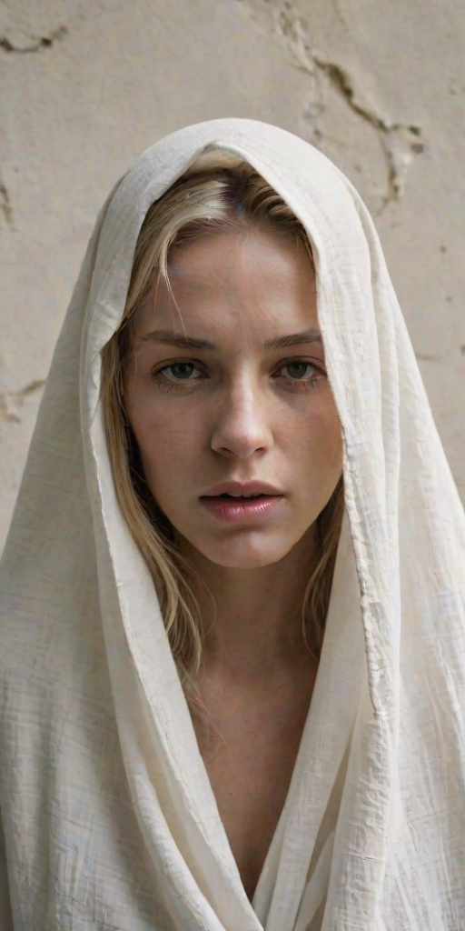 Create a close-up photographic image of the head and torso of a person with light skin tones shown against an old, worn wall. Their head is wrapped in a white cloth covering (i.e.... parts of the head except the nose and mouth, which are open as if they are screaming...), with a slight texture and visible folds in the fabric. Thin strands of blonde hair escape from the wrapping above, falling lightly at the top and sides. Their hands hold the fabric as if they are tugging nervously. The lighting is dramatic and even, casting strong shadows. The image has a minimalist and surreal style with an emphasis on simplicity with soft color tones. The composition is centered.
