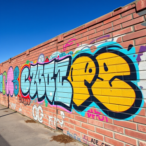 Capture a vibrant graffiti mural on a brick wall with sharp details and bold colors in daylight, using a DSLR camera, f/8 aperture, ISO 200, 24mm lens, shot at eye level with a wide-angle perspective for enhanced clarity and depth.