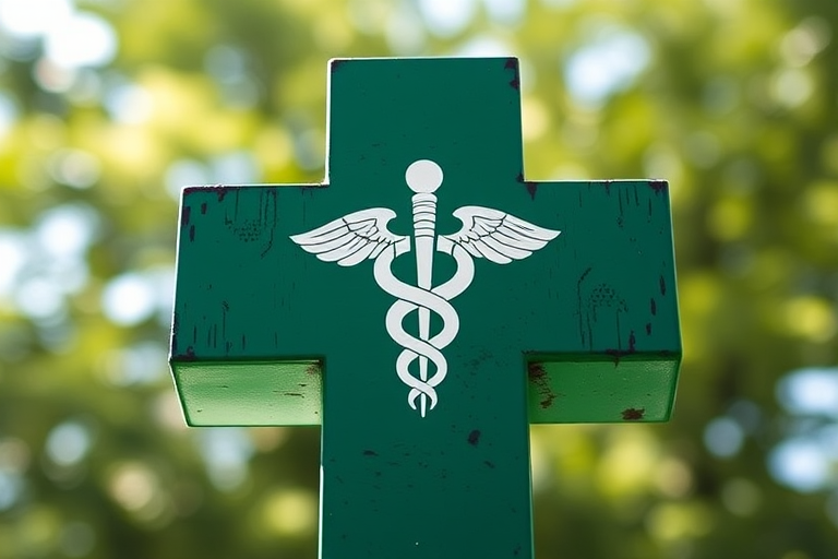 Create a high-resolution image of a green cross with a white caduceus symbol in the center, shot with a DSLR camera at f/8 aperture, ISO 100, 50mm lens, with a shallow depth of field to enhance the focus and clarity of the emblem, capturing from an eye-level angle in natural light.
