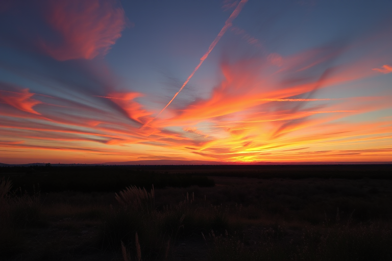 Create a high-resolution image of a serene landscape at sunset with vibrant colors, using a DSLR camera set to f/8 aperture, ISO 100, and a shutter speed of 1/60 second, captured from a low angle with a wide-angle lens.