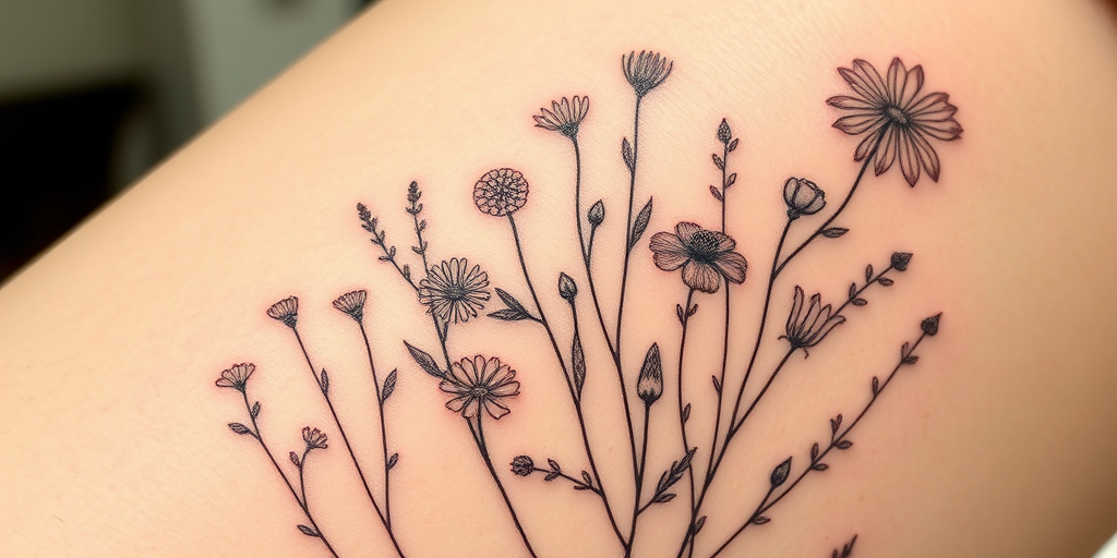 Delicate fine line tattoo showcasing a detailed botanical illustration of wildflowers and herbs, thin precise strokes creating realistic petals and leaves, soft muted colors for a vintage-inspired look