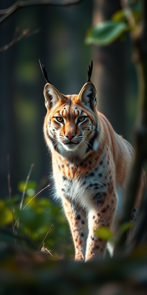 Lynx in forest setting, soft natural lighting, 50mm lens, f/2.8, ISO 200, shutter speed 1/125 sec, depth of field focused on the lynx, DSLR camera.