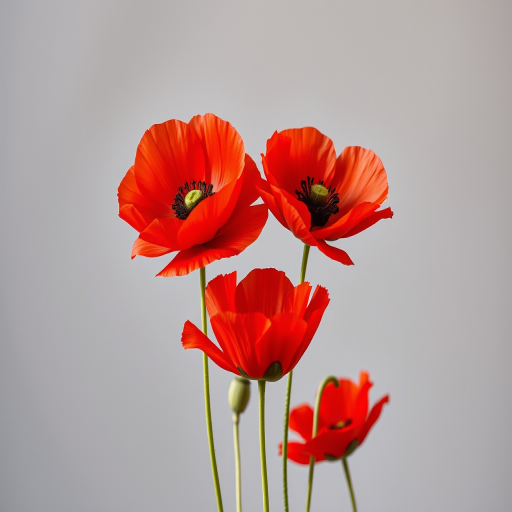 Create a vibrant still life image of red poppy flowers against a soft gray background, using a DSLR camera with an aperture of f/2.8, ISO 100, and a focal length of 50mm, capturing in a macro photography style for enhanced detail and quality.