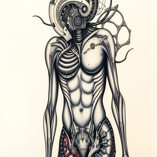 Surrealist biomechanical tattoo titled "Cybernetic Fusion" blending hyperrealistic human anatomy with intricate mechanical components in a harmonious fusion of man and machine