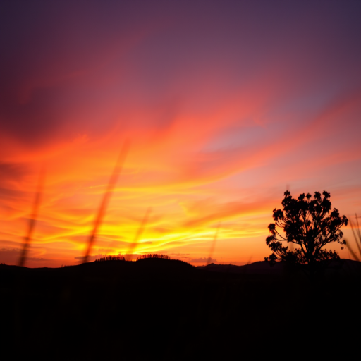 Create an image of a silhouetted landscape at sunset with vibrant orange and purple hues in the sky, captured with a DSLR camera at f/8, ISO 100, 1/250 sec, shot from a low angle to emphasize the foreground with depth of field focus.