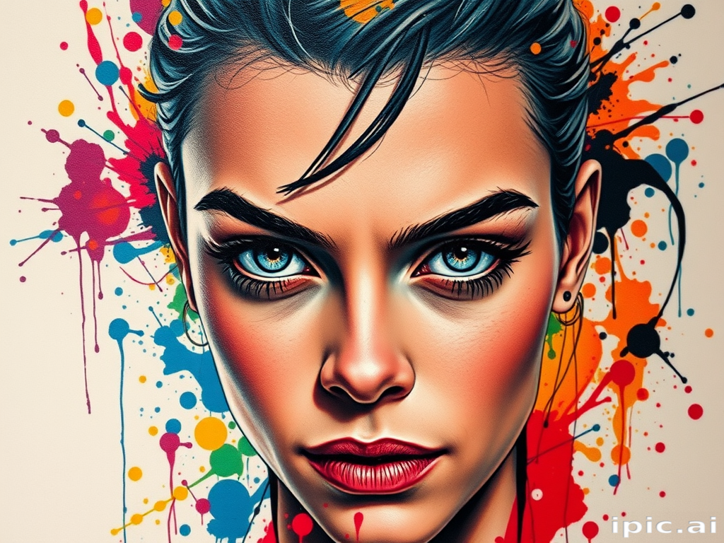 Realistic color portrait tattoo titled "Living Canvas" depicting a hyper-detailed face with lifelike skin tones and expressive eyes surrounded by abstract swirls of vibrant paint splatters