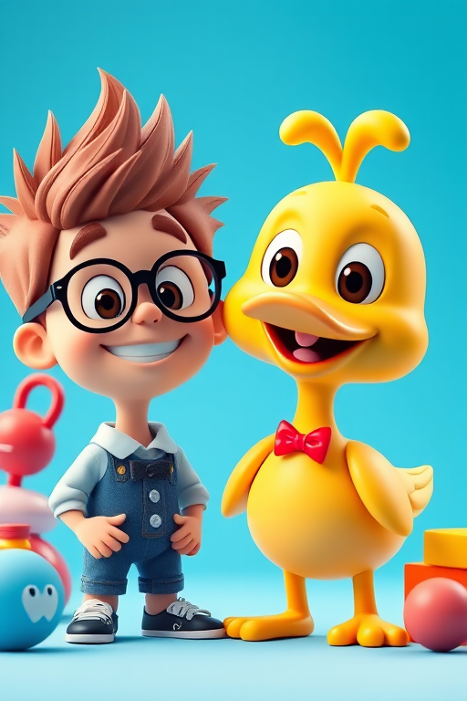 Create a colorful 3D cartoon scene featuring a cheerful boy with spiky hair wearing glasses and a bow tie, standing next to a cute yellow duck character, both smiling and surrounded by playful toys in a bright blue background; use a Canon EOS R5 camera, 50mm lens, f/2.8 aperture, 1/125s shutter speed, and ISO 100 for high detail and vibrant colors.