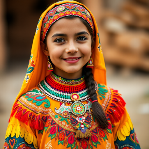 A beautiful Middle Eastern girl, wearing colorful bird clothing with vibrant colors