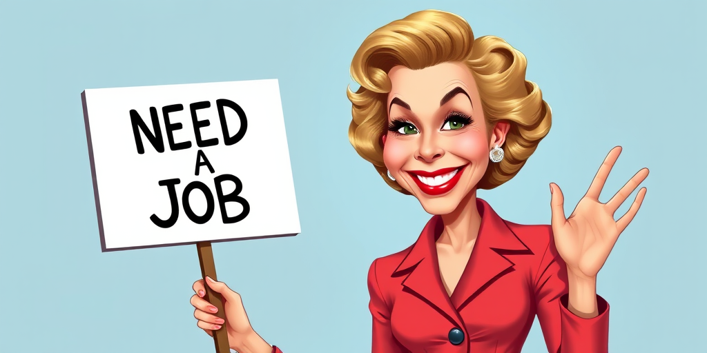 caricature of a smiling Lauren Bacall in a Vivid dress or suit, holding up a sign that says "NEED A JOB", no watermark,