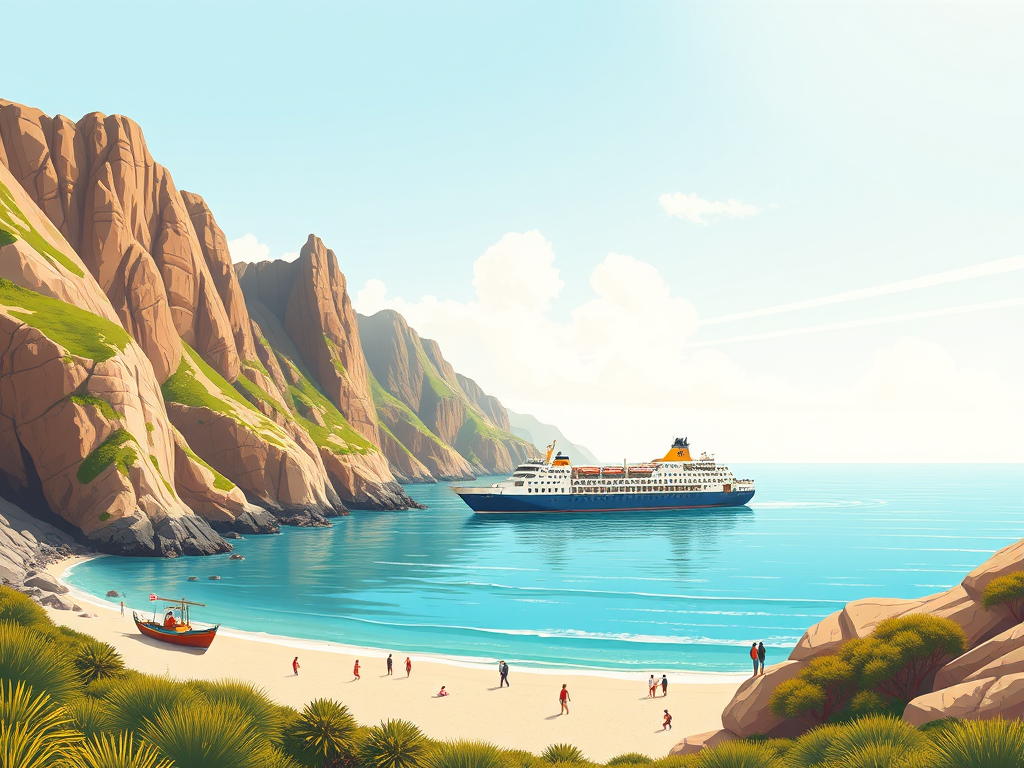 Create a vibrant vector-style illustration of a scenic coastal landscape featuring a large ferry boat near rocky cliffs and a small beach with people, using a soft color palette and sharp lines, shot with a DSLR camera at f/8 aperture, 35mm lens, in bright daylight to enhance details and colors.