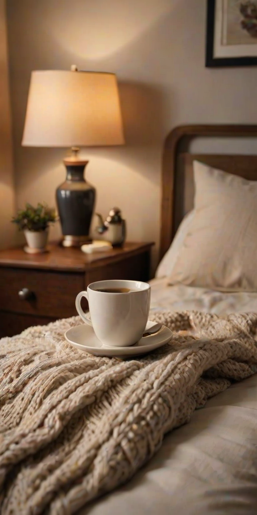 Warmly lit photo of a cozy bedroom scene, with a soft knitted blanket draped over a bed, soft light from a nearby lamp casting warm shadows, and a steaming cup of tea resting on a bedside table.