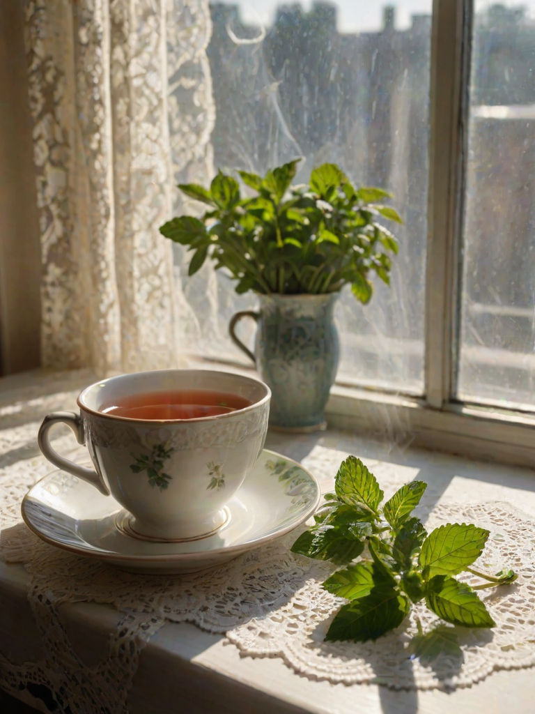 Sharp, detailed photo of a cup of herbal tea on a windowsill, steam rising from the cup, sunlight streaming through lace curtains, a sprig of mint resting on the saucer, soft shadows cast on the table, the smell of fresh herbs filling the air.