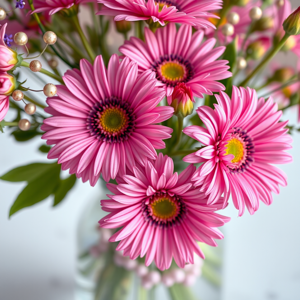 Create a vibrant close-up of a floral arrangement with pink daisies and decorative beads in a clear vase, shot with a Canon EOS R5 at f/2.8, ISO 100, 50mm lens, using soft lighting to enhance colors and details for a dreamy look.