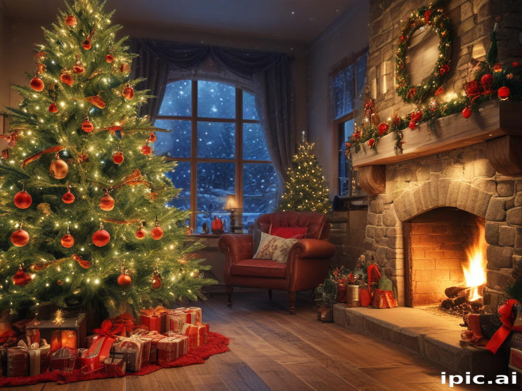 A Cozy Christmas Living Room Decorated with Trees and Gifts.