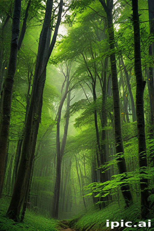 Enchanting Forest Pathway Surrounded by Lush Green Trees and Foliage