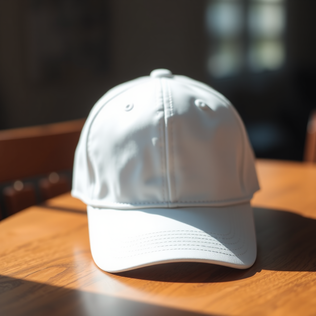 A close-up shot of a blank white cap positioned on a wooden table, natural lighting, aperture f/2.8, ISO 100, shutter speed 1/125 sec, DSLR camera, shallow depth of field.