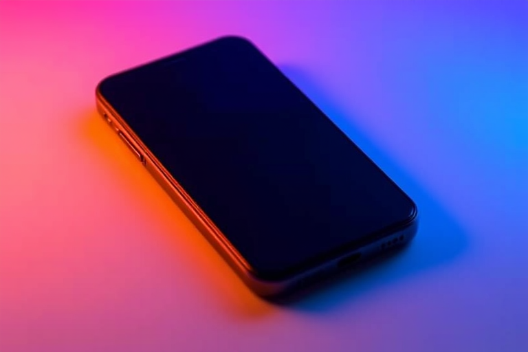 Create a high-resolution image of a smartphone with a clean screen, using a 50mm lens at f/1.8, ISO 100, 1/125 sec, frontal view, soft lighting, and a modern photography style.
