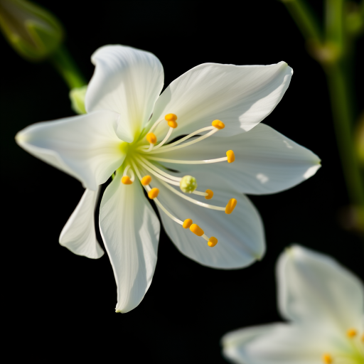 Capture a close-up of a white flower with yellow stamens against a dark background using a DSLR camera, 50mm lens, aperture f/2.8, ISO 100, and soft natural lighting to enhance details and colors.