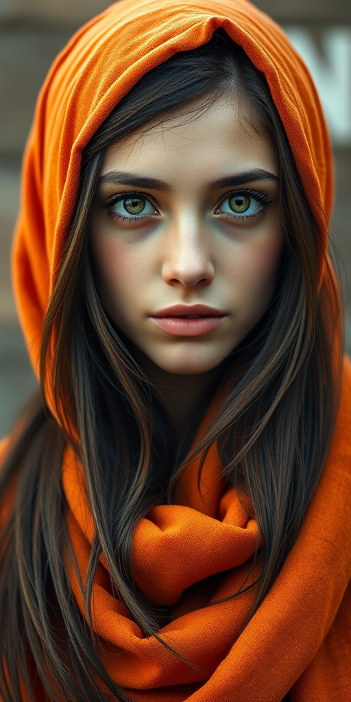 Create a portrait of a young Turkish female with long, dark hair and captivating hazel eyes. She is wearing a orange headscarf and a matching scarf draped gracefully around her neck. The background is softly blurred, focusing attention on her serene and natural expression. The overall color palette is muted and warm, enhancing the intimate and authentic feel of the portrait.