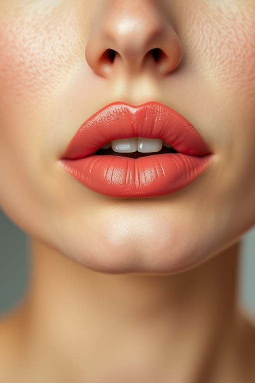 Tantalizing woman lips with a sheer coral tint, buildable and natural-looking, hydrated and plump, perfect for a no-makeup makeup look