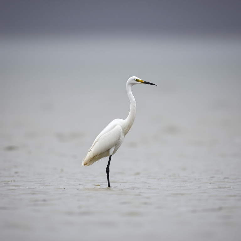 A solitary white egret standing in shallow water on a gray, overcast day, captured with a DSLR camera at 200mm focal length, f/5.6 aperture, ISO 400, with soft natural lighting and a shallow depth of field to blur the background.