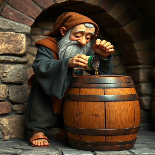 regenerate the image of a cartoonish monk pouring liquid from a wooden barrel with a stone wall background, use a Canon EOS R5 camera, aperture f/4, shutter speed 1/250s, ISO 100, 24mm lens, wide-angle view, vibrant color profile, and high dynamic range settings for enhanced details