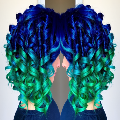 Bold sapphire blue to emerald green color melt styled in tight spiral curls, creating a mesmerizing jewel-toned cascade of vibrant hues