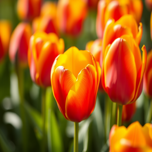 tulips in vibrant red and yellow hues, close-up view, shallow depth of field, f/2.8 aperture, 50mm lens, soft natural lighting, DSLR camera, macro photography style