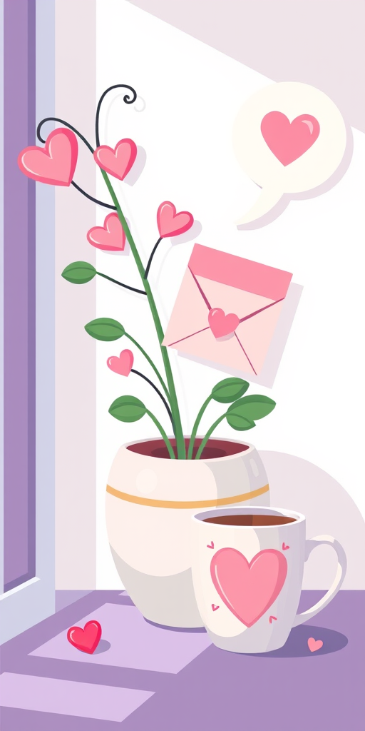 Create a high-resolution illustration of a potted plant with heart-shaped decorations, a love letter with a pink envelope, a speech bubble with a heart symbol, and a coffee mug adorned with a heart, capturing a whimsical and vibrant style, with a Canon EOS 5D Mark IV camera, using a 50mm lens, f/2.8 aperture, ISO 100, and natural daylight for optimal lighting.
