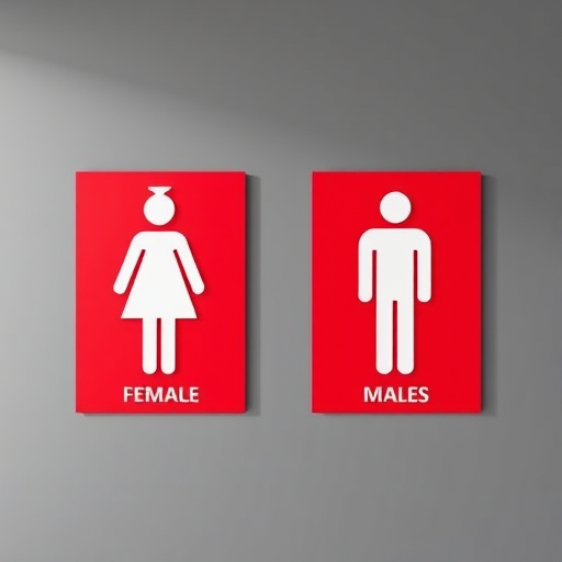 Create a high-resolution image of red restroom signs for female and male with minimalistic design, using a DSLR camera, f/2.8 aperture, ISO 100, 50mm lens, top-down view, natural lighting for enhanced clarity.