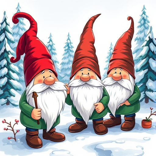Create a vibrant digital illustration of playful gnomes with long beards and pointed hats interacting around a snowy landscape with pine trees, using a Canon EOS R5 with a 50mm lens, f/2.8 aperture, ISO 100, and focus on enhancing colors and details for a high-quality finish.