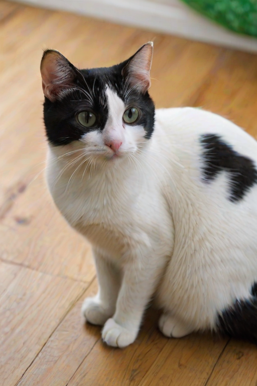 A close-up photograph of a white and black cat sitting on a wooden floor, and tail. Its face is predominantly white, covered in a green and white patterned fabric., and back. The cat has a distinctive facial expression, likely a domestic shorthair, with a slightly squinted expression
